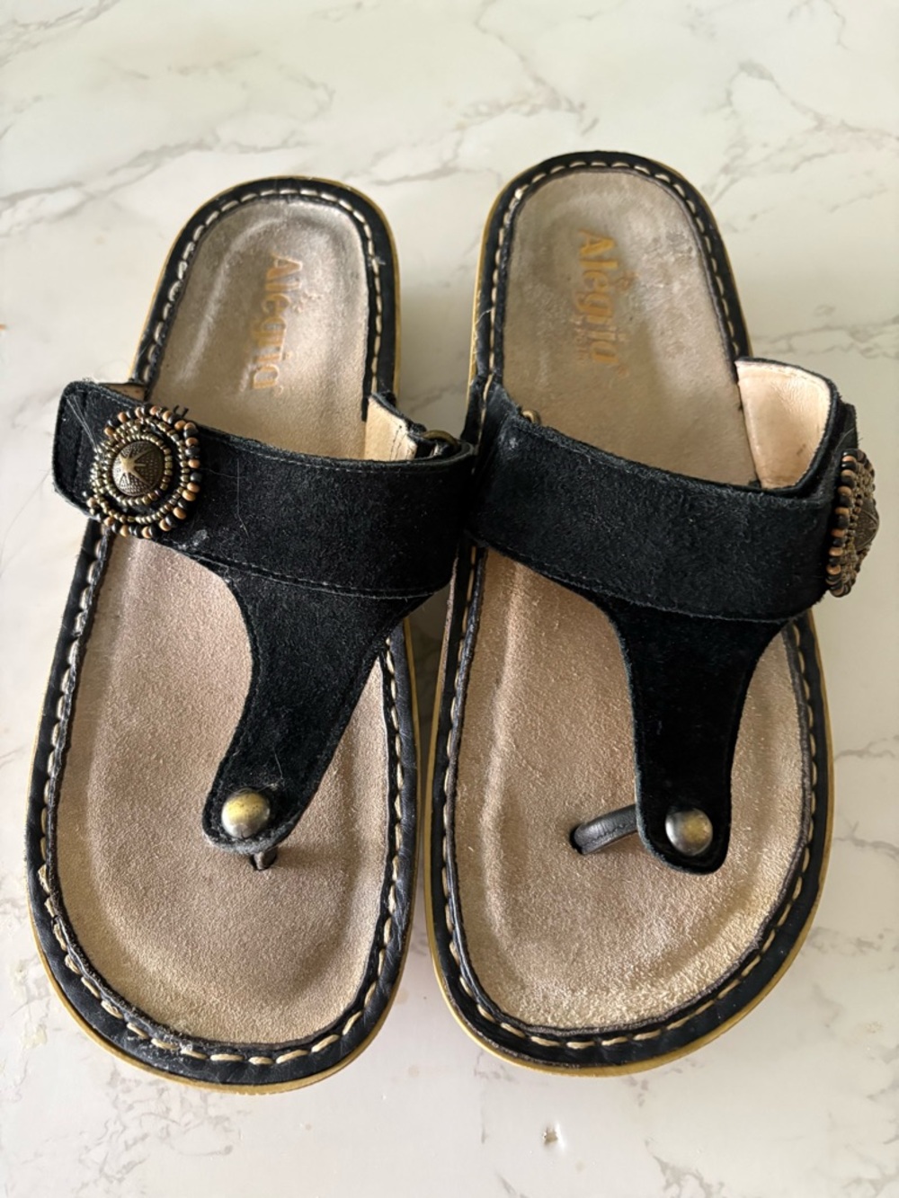 Alegria Black Suede Thong Sandals with Decorative Concho